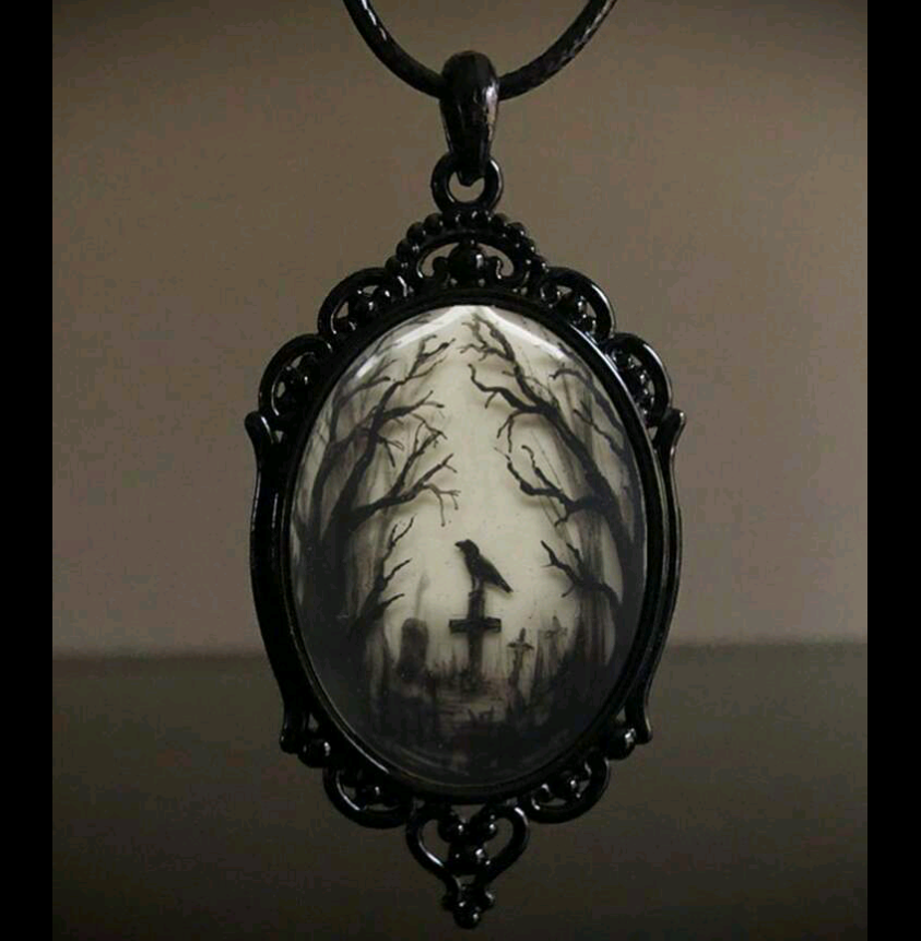 Gothic Raven Cross Glass Pendant Necklace